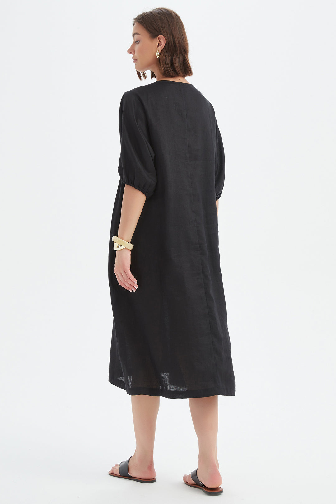 Tirelli 25D3722 Black Puff Sleeve Gather Front Linen Dress
