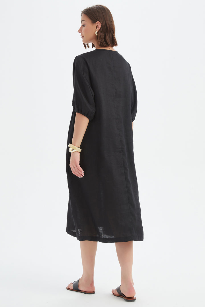 Tirelli 25D3722 Black Puff Sleeve Gather Front Linen Dress