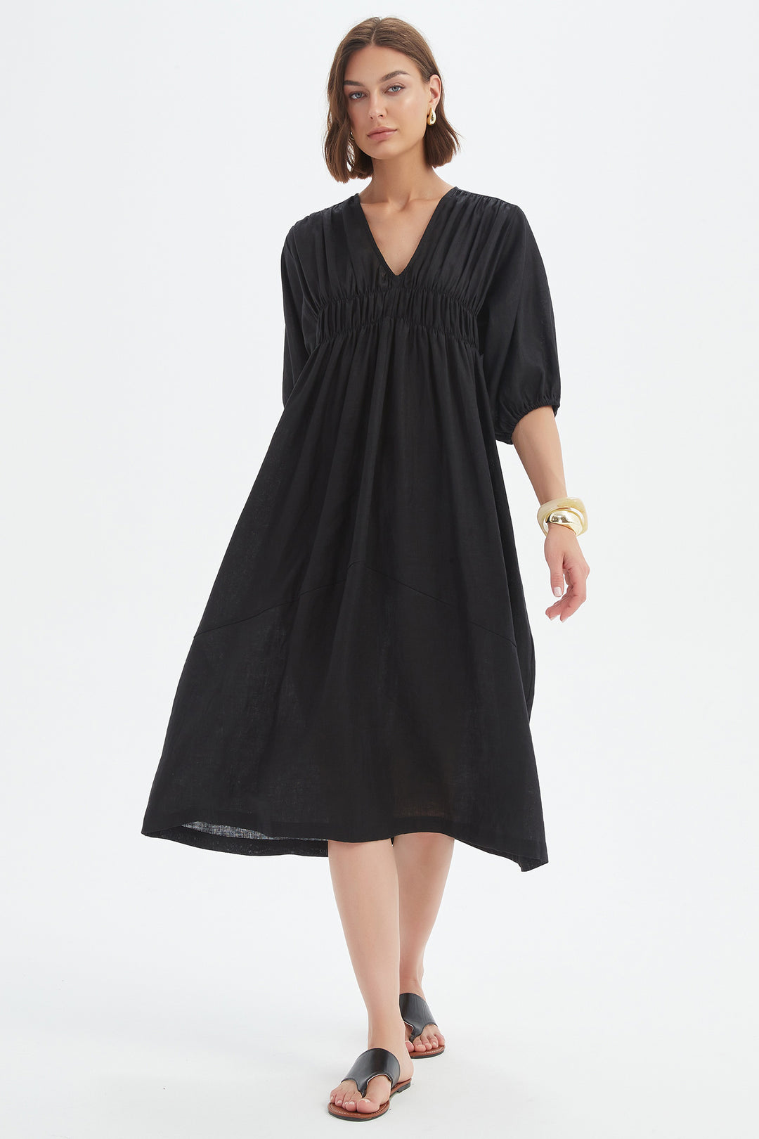 Tirelli 25D3722 Black Puff Sleeve Gather Front Linen Dress