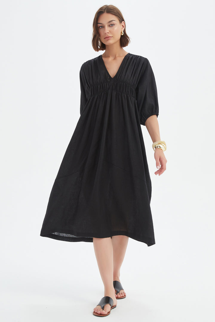 Tirelli 25D3722 Black Puff Sleeve Gather Front Linen Dress