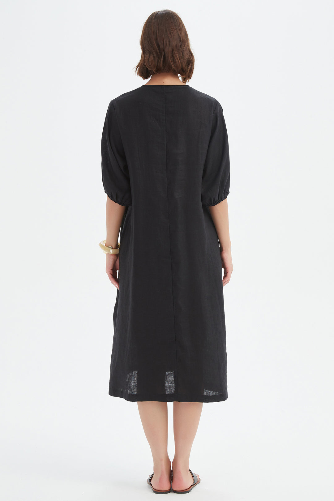 Tirelli 25D3722 Black Puff Sleeve Gather Front Linen Dress