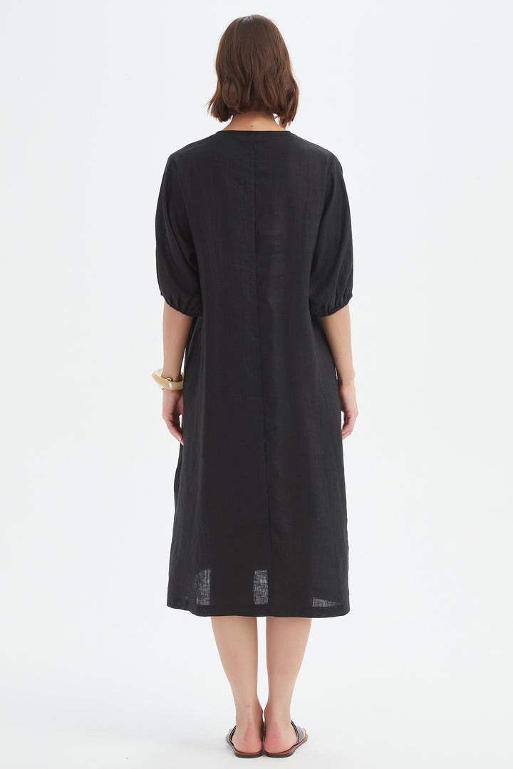 Tirelli 25D3722 Black Puff Sleeve Gather Front Linen Dress