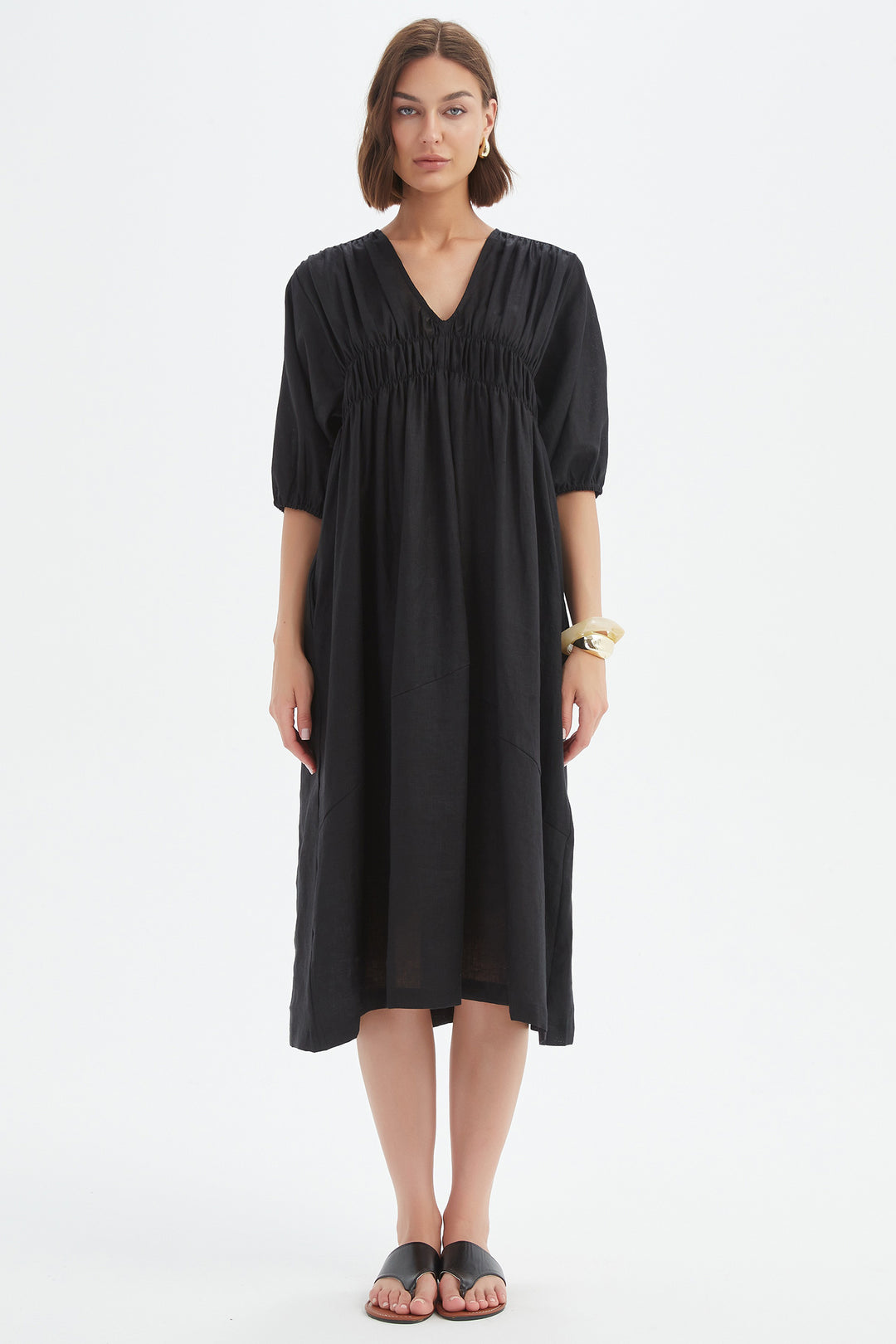 Tirelli 25D3722 Black Puff Sleeve Gather Front Linen Dress