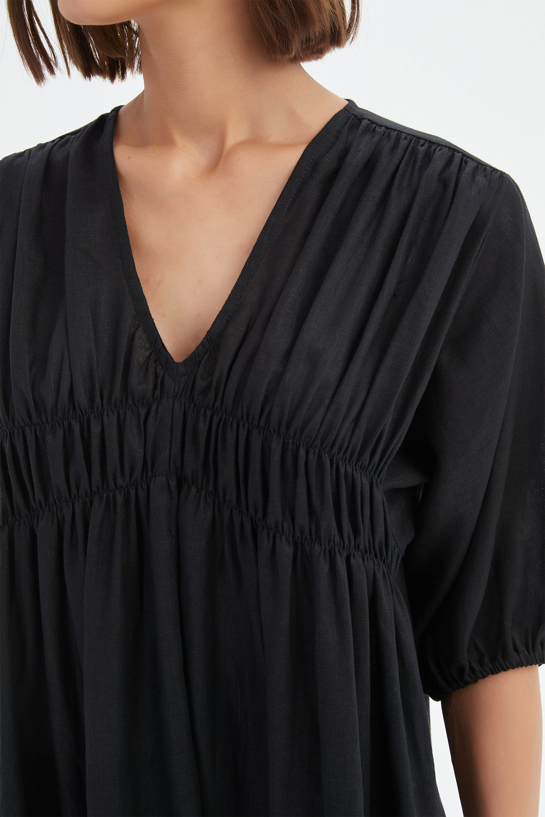 Tirelli 25D3722 Black Puff Sleeve Gather Front Linen Dress
