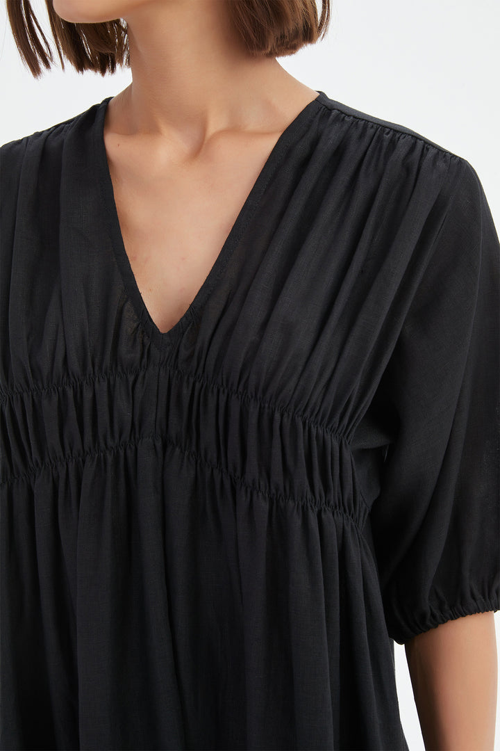 Tirelli 25D3722 Black Puff Sleeve Gather Front Linen Dress