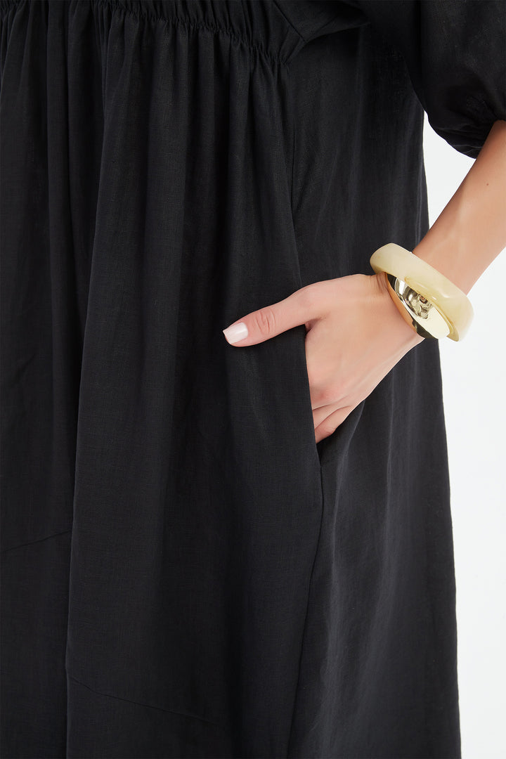 Tirelli 25D3722 Black Puff Sleeve Gather Front Linen Dress