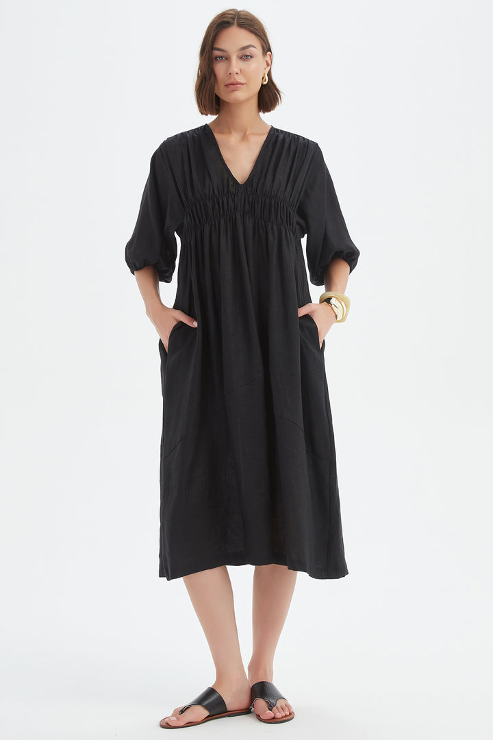 Tirelli 25D3722 Black Puff Sleeve Gather Front Linen Dress