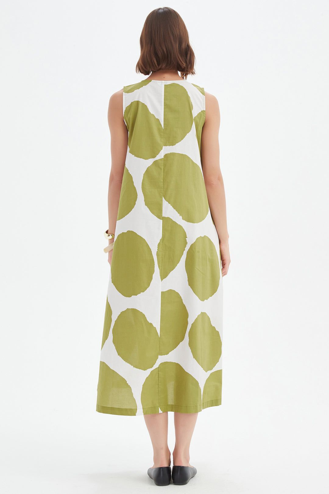 Tirelli 25D3741 Chartreuse Green White Spot Inverted Pleat Poplin Dress
