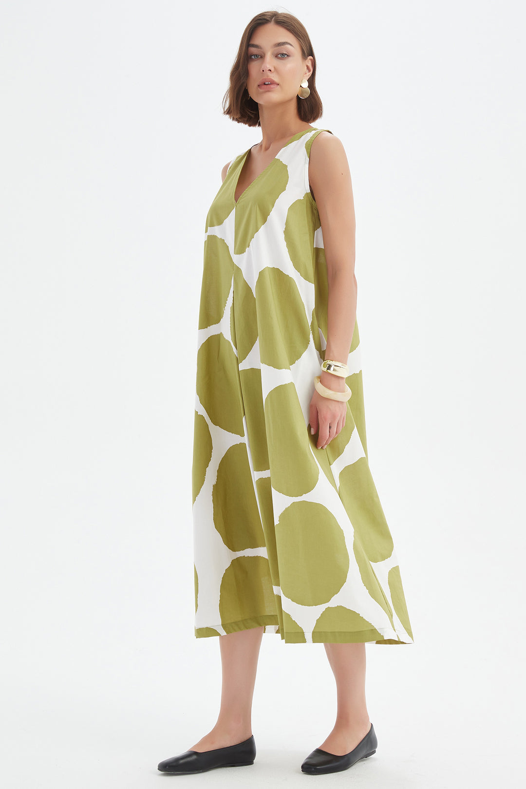 Tirelli 25D3741 Chartreuse Green White Spot Inverted Pleat Poplin Dress