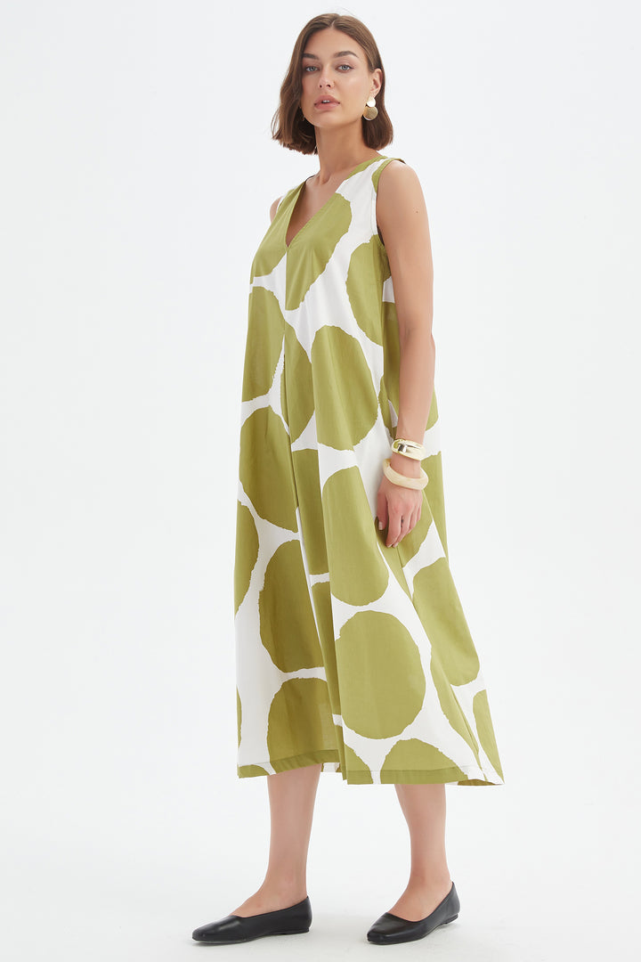 Tirelli 25D3741 Chartreuse Green White Spot Inverted Pleat Poplin Dress