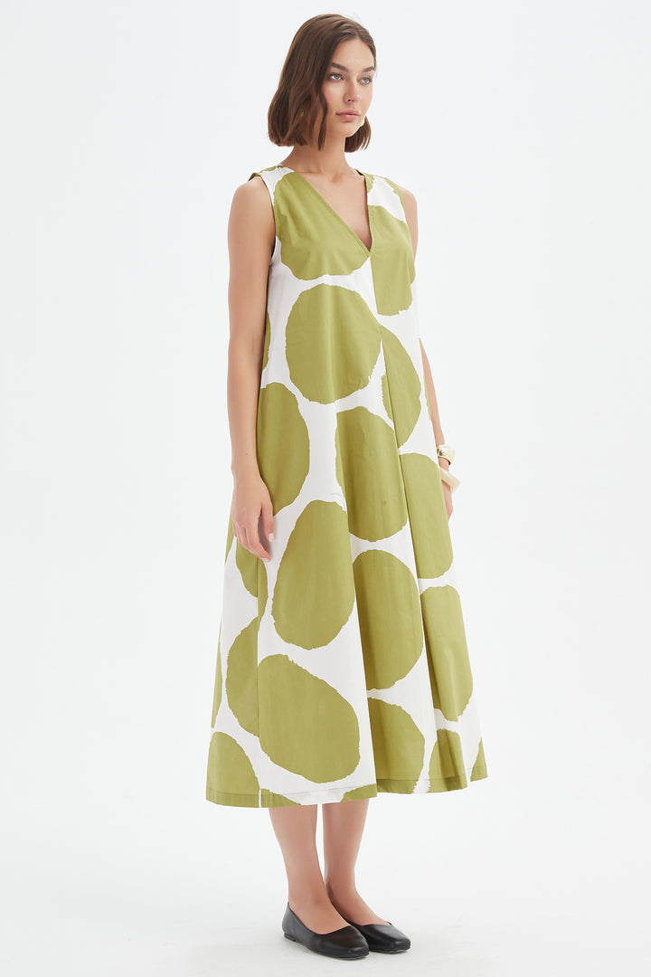 Tirelli 25D3741 Chartreuse Green White Spot Inverted Pleat Poplin Dress