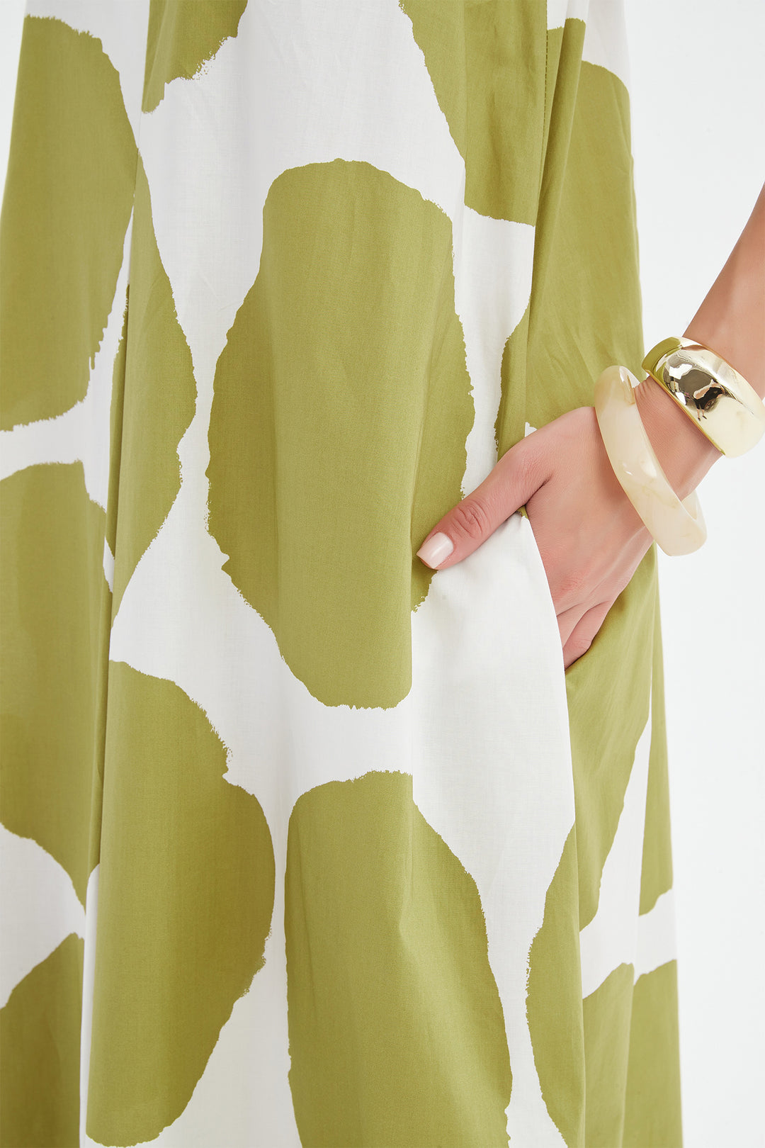 Tirelli 25D3741 Chartreuse Green White Spot Inverted Pleat Poplin Dress