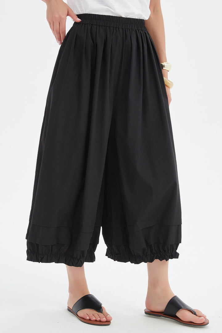 Tirelli 25P3734 Black Ruffle Cuff Easy Wide Leg Cropped Trousers