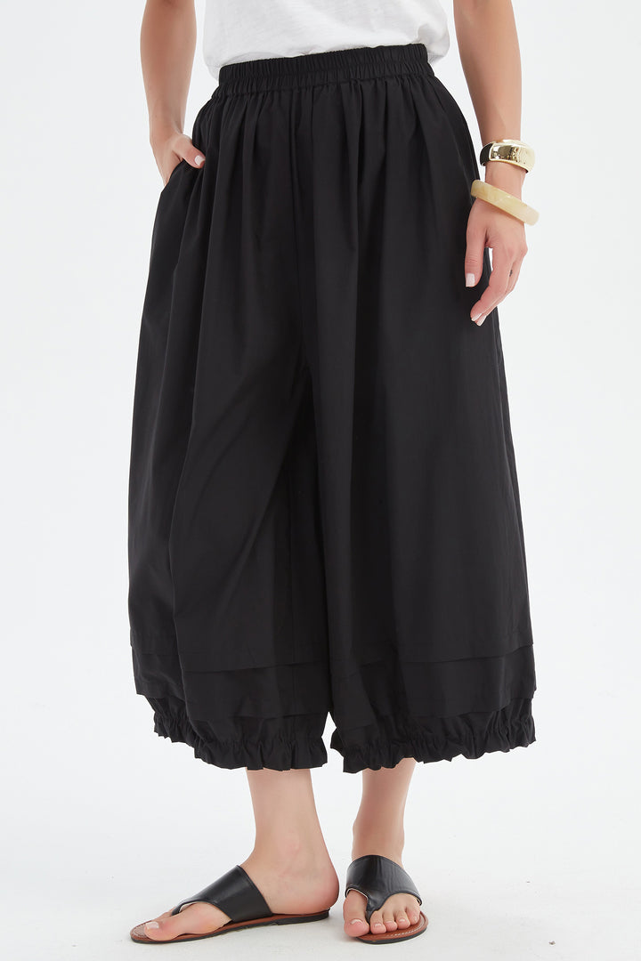 Tirelli 25P3734 Black Ruffle Cuff Easy Wide Leg Cropped Trousers