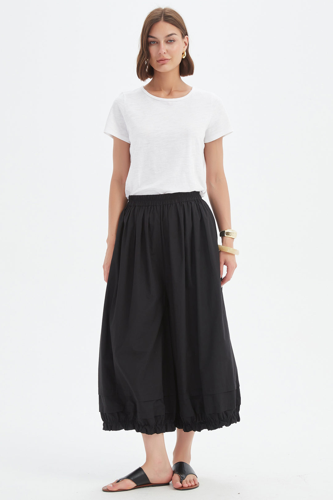 Tirelli 25P3734 Black Ruffle Cuff Easy Wide Leg Cropped Trousers