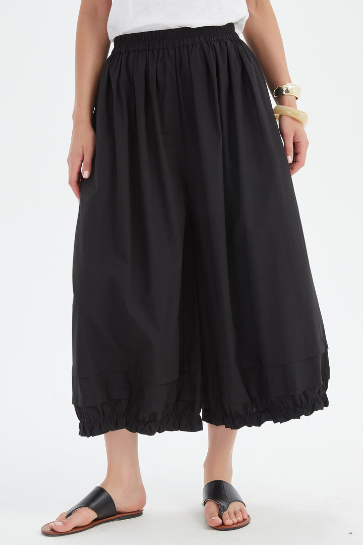 Tirelli 25P3734 Black Ruffle Cuff Easy Wide Leg Cropped Trousers