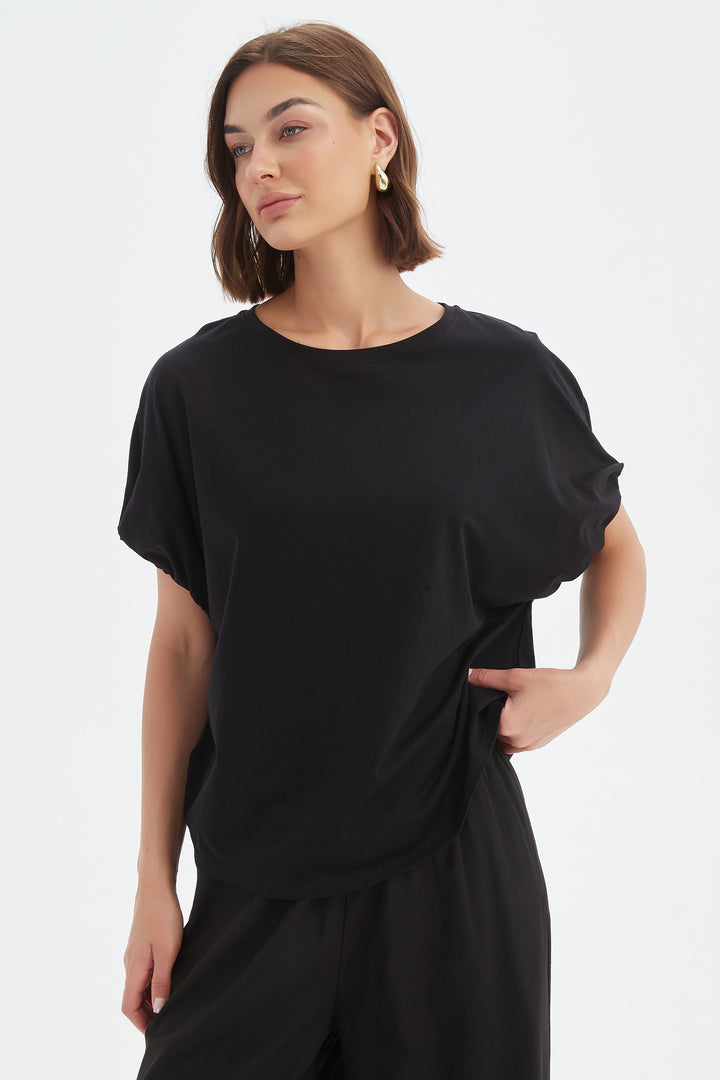 Tirelli 25T3704 Black Bubble Sleeve Cotton T-Shirt