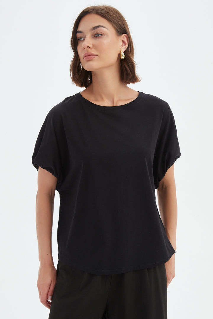 Tirelli 25T3704 Black Bubble Sleeve Cotton T-Shirt