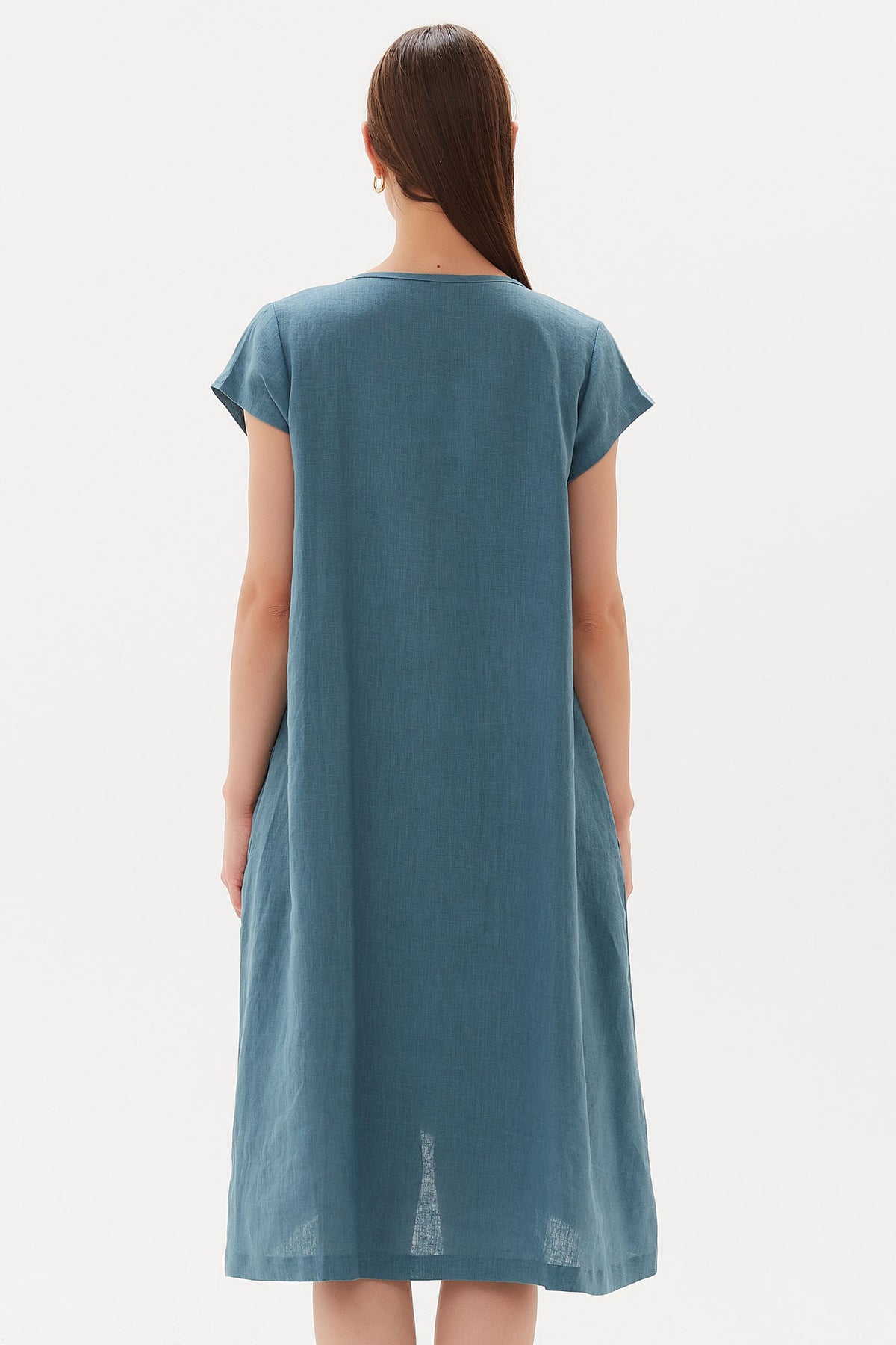 Tirelli D3220 Washed Blue Cap Sleeve Cross Over Linen Dress