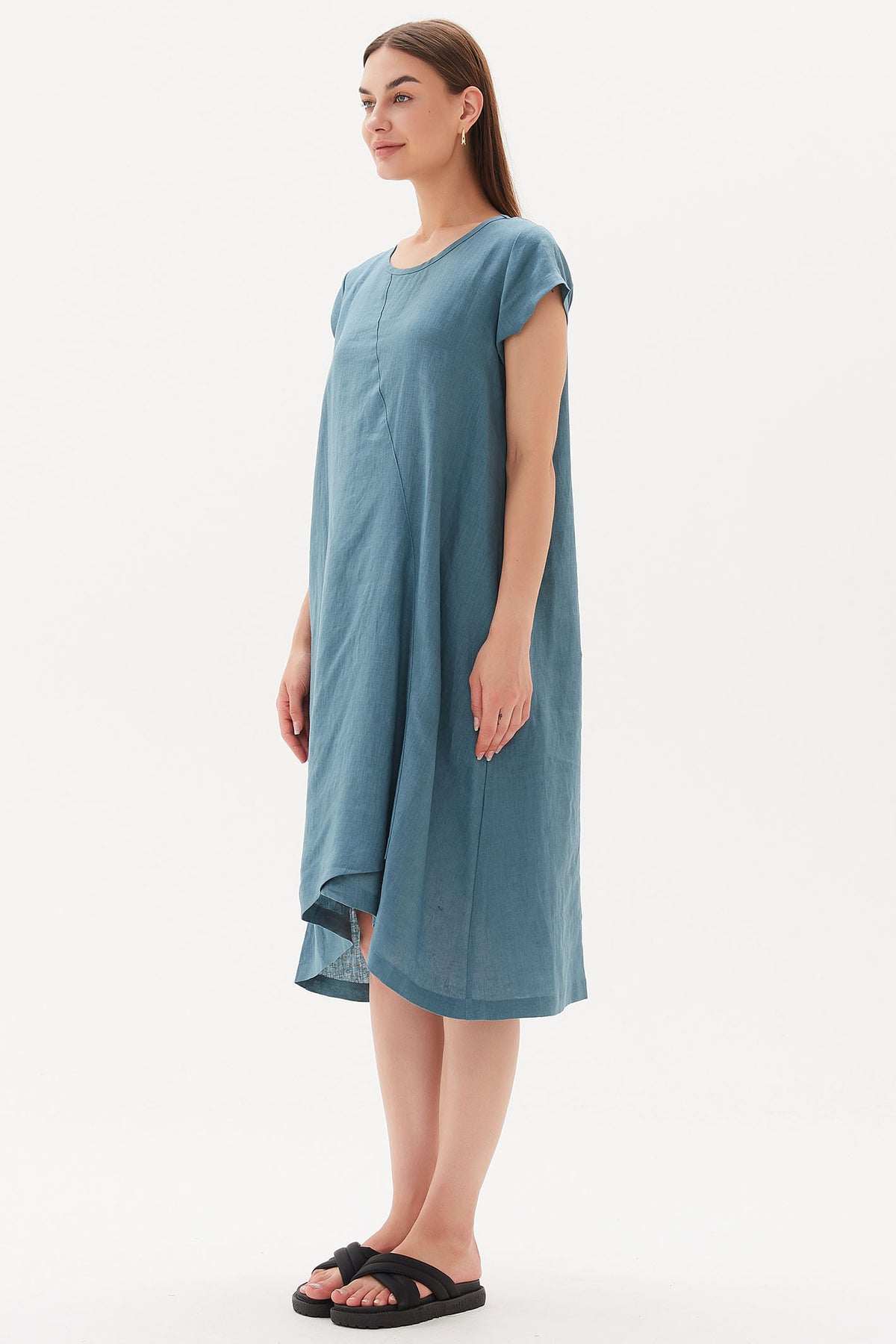 Tirelli D3220 Washed Blue Cap Sleeve Cross Over Linen Dress