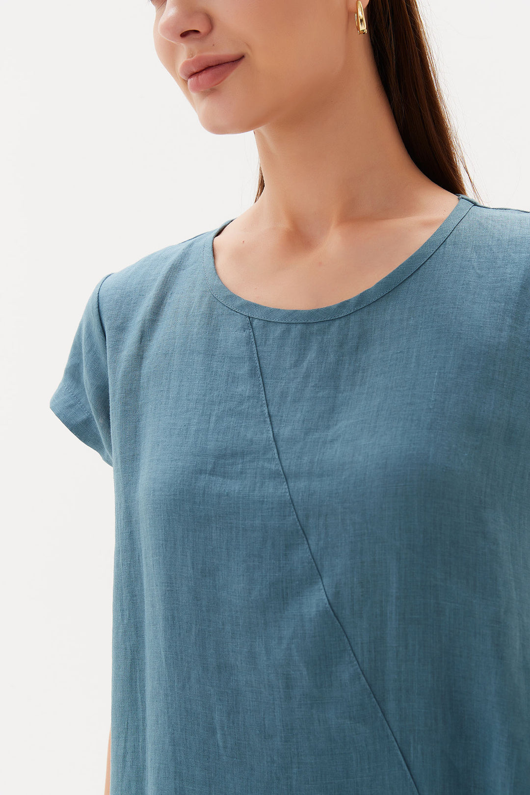Tirelli D3220 Washed Blue Cap Sleeve Cross Over Linen Dress