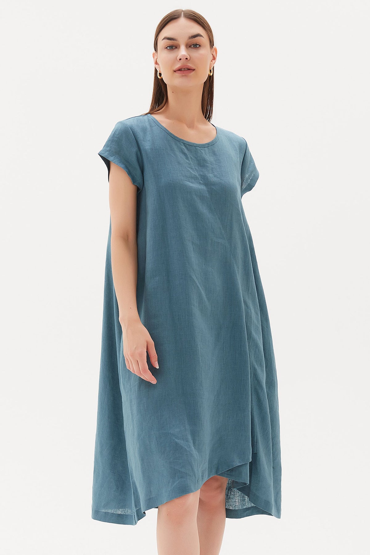 Tirelli D3220 Washed Blue Cap Sleeve Cross Over Linen Dress