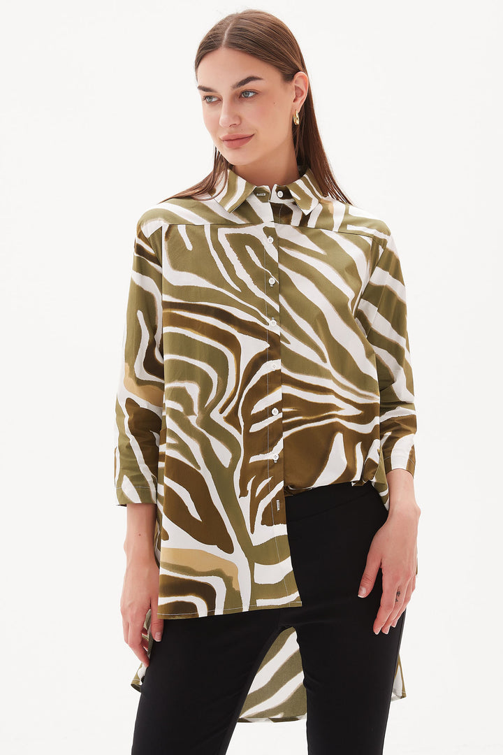 Tirelli S3208 Khaki Green Monstera Print Swing Back Shirt - Experience Boutique