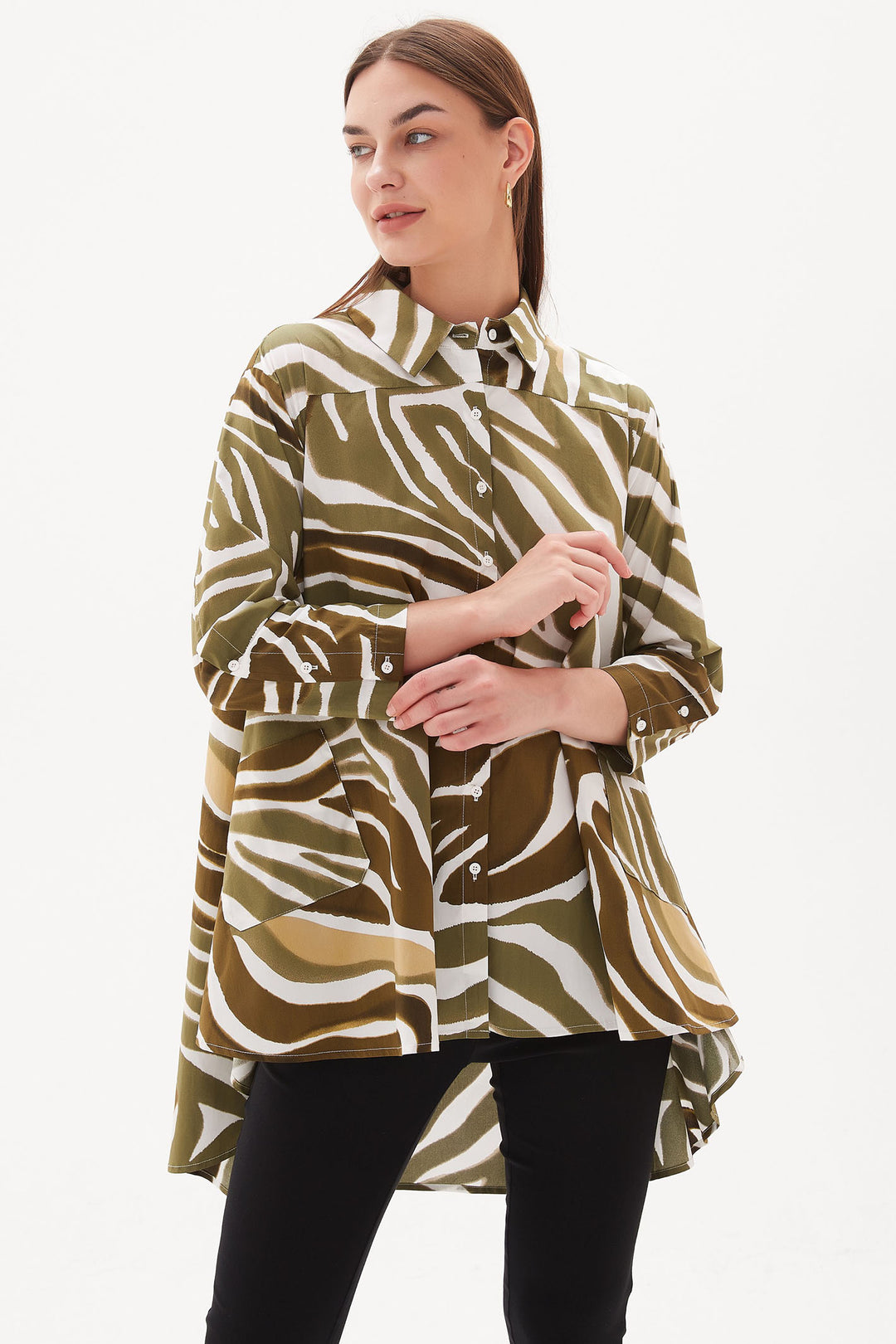 Tirelli S3208 Khaki Green Monstera Print Swing Back Shirt - Experience Boutique