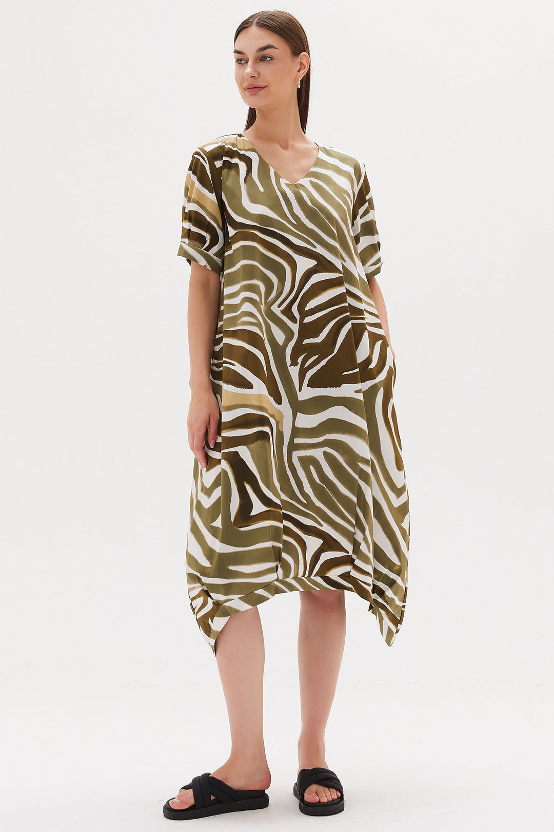 Tirelli S3210 Monstera Khaki Green Print V-Neck Billow Dress - Experience Boutique