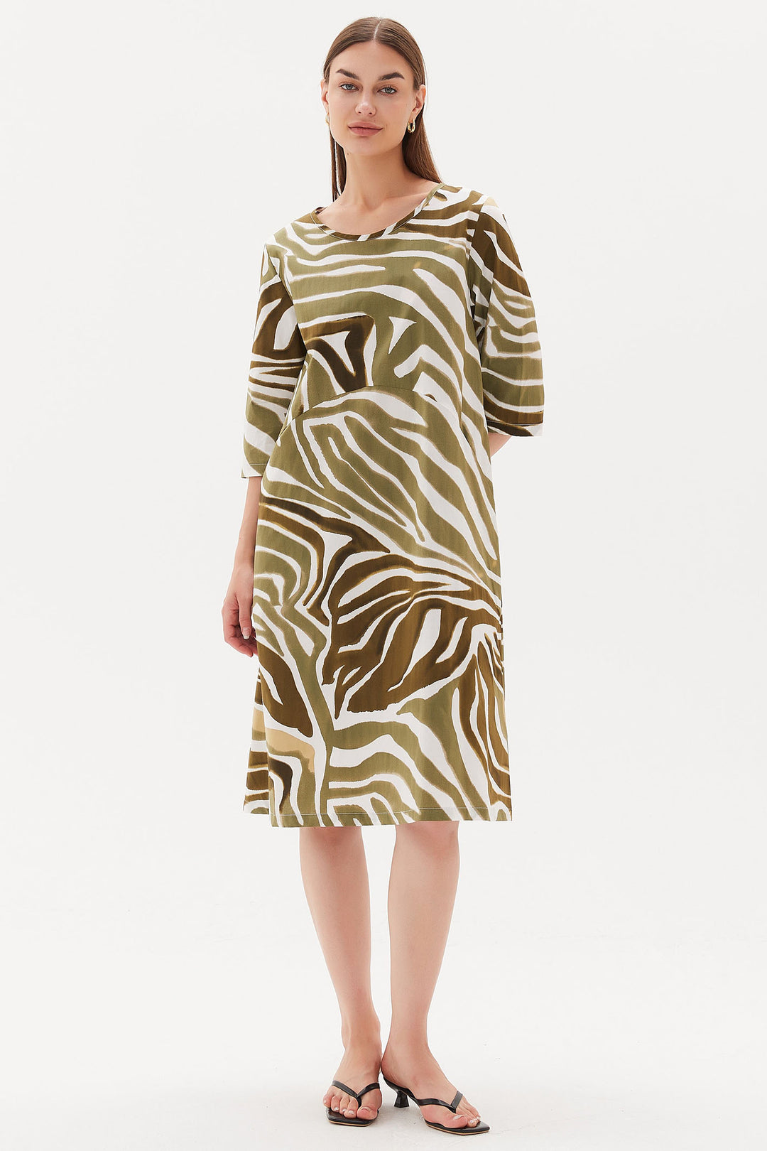 Tirelli S3210 Monstera Khaki Green Print V-Neck Billow Dress - Experience Boutique