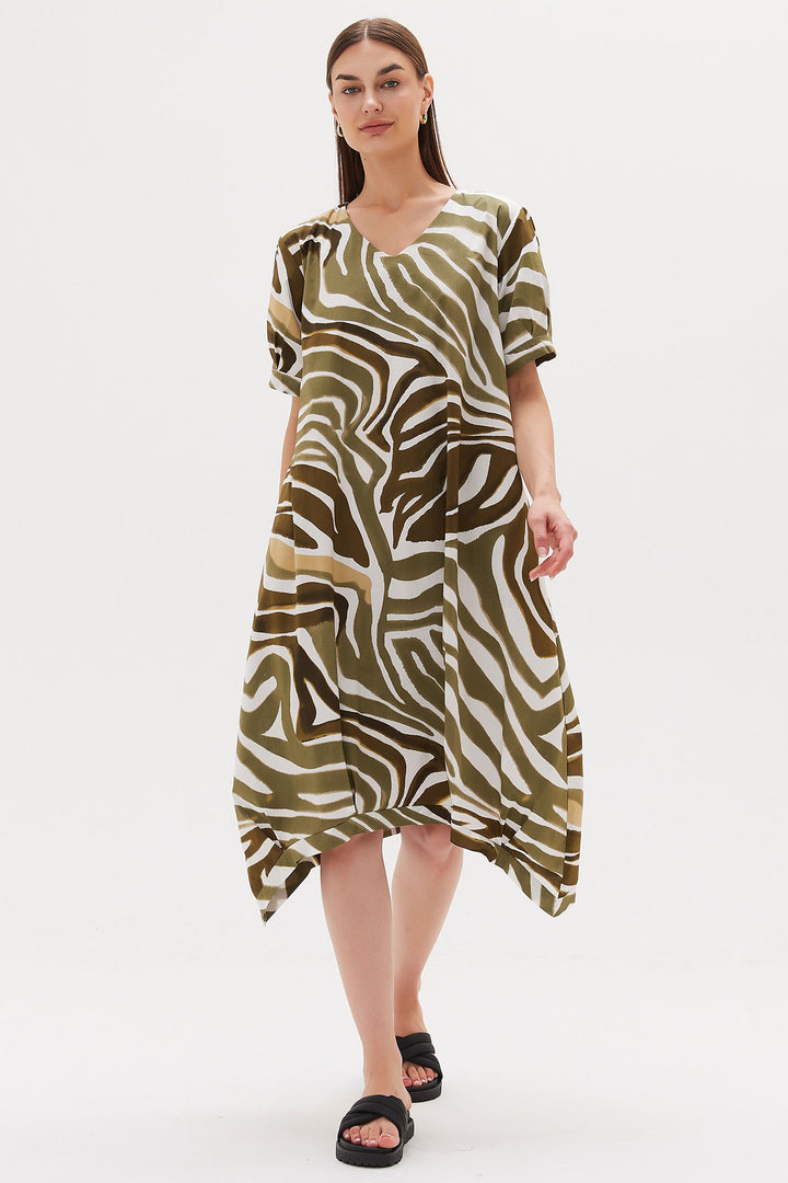 Tirelli S3210 Monstera Khaki Green Print V-Neck Billow Dress - Experience Boutique