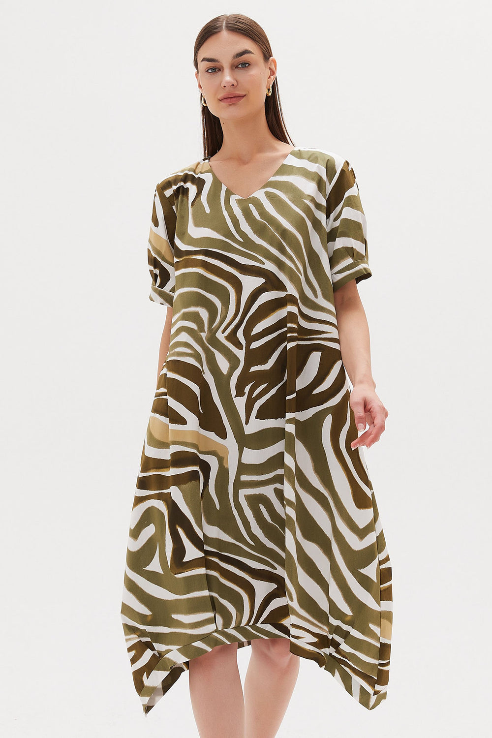 Tirelli S3210 Monstera Khaki Green Print V-Neck Billow Dress - Experience Boutique