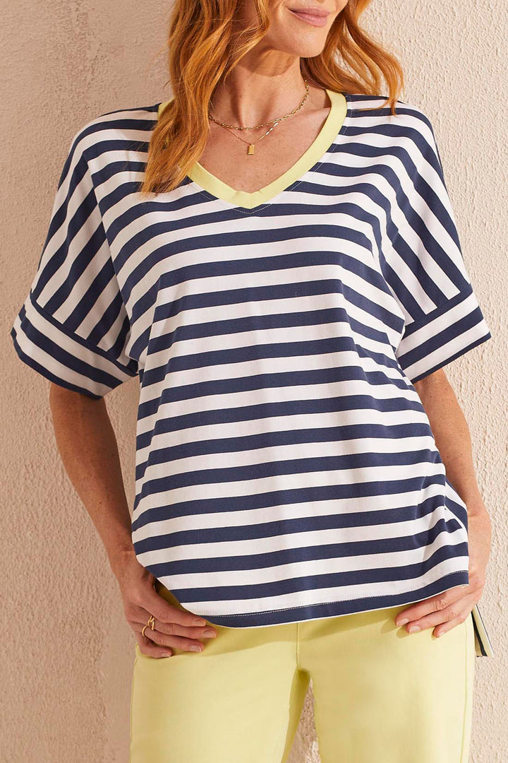 Tribal 1667O Jet Blue Striped V-Neck Split Hem Top - Experience Boutique