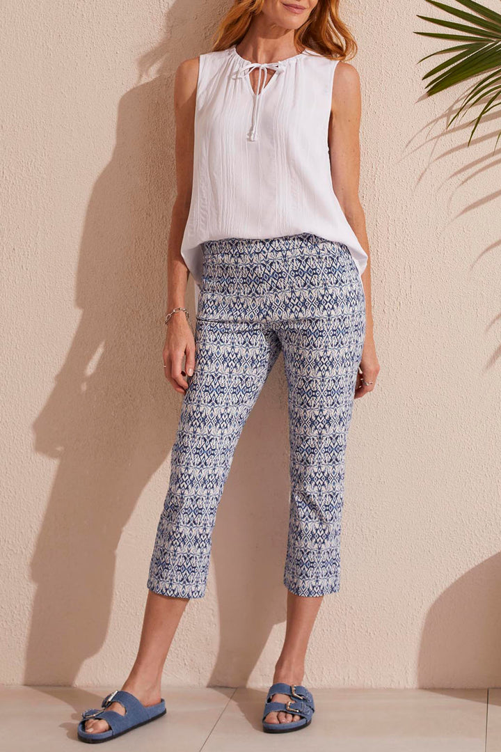 Tribal 1748O Blue Star Ikat Print Pull On Capri Trousers - Experience Boutique