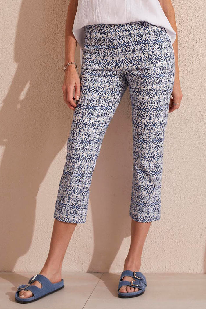 Tribal 1748O Blue Star Ikat Print Pull On Capri Trousers - Experience Boutique