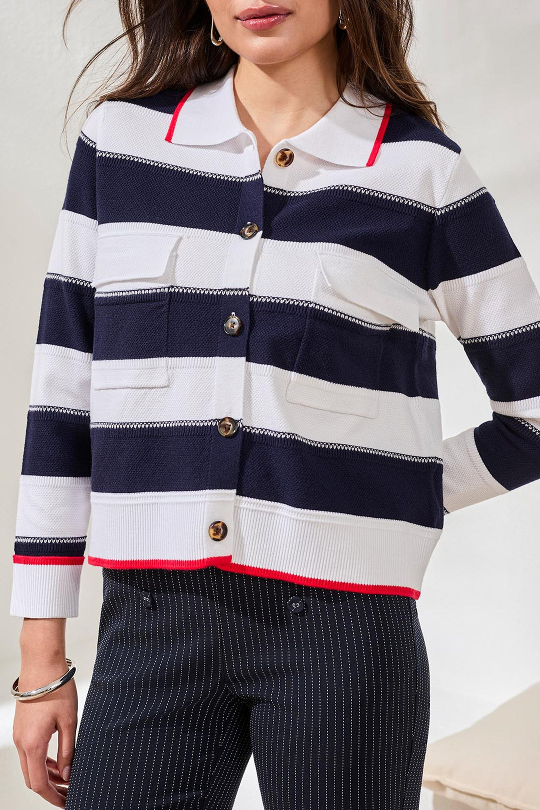 Tribal 1930O-8241 Jet Navy Blue Stripe Button Front Cardigan