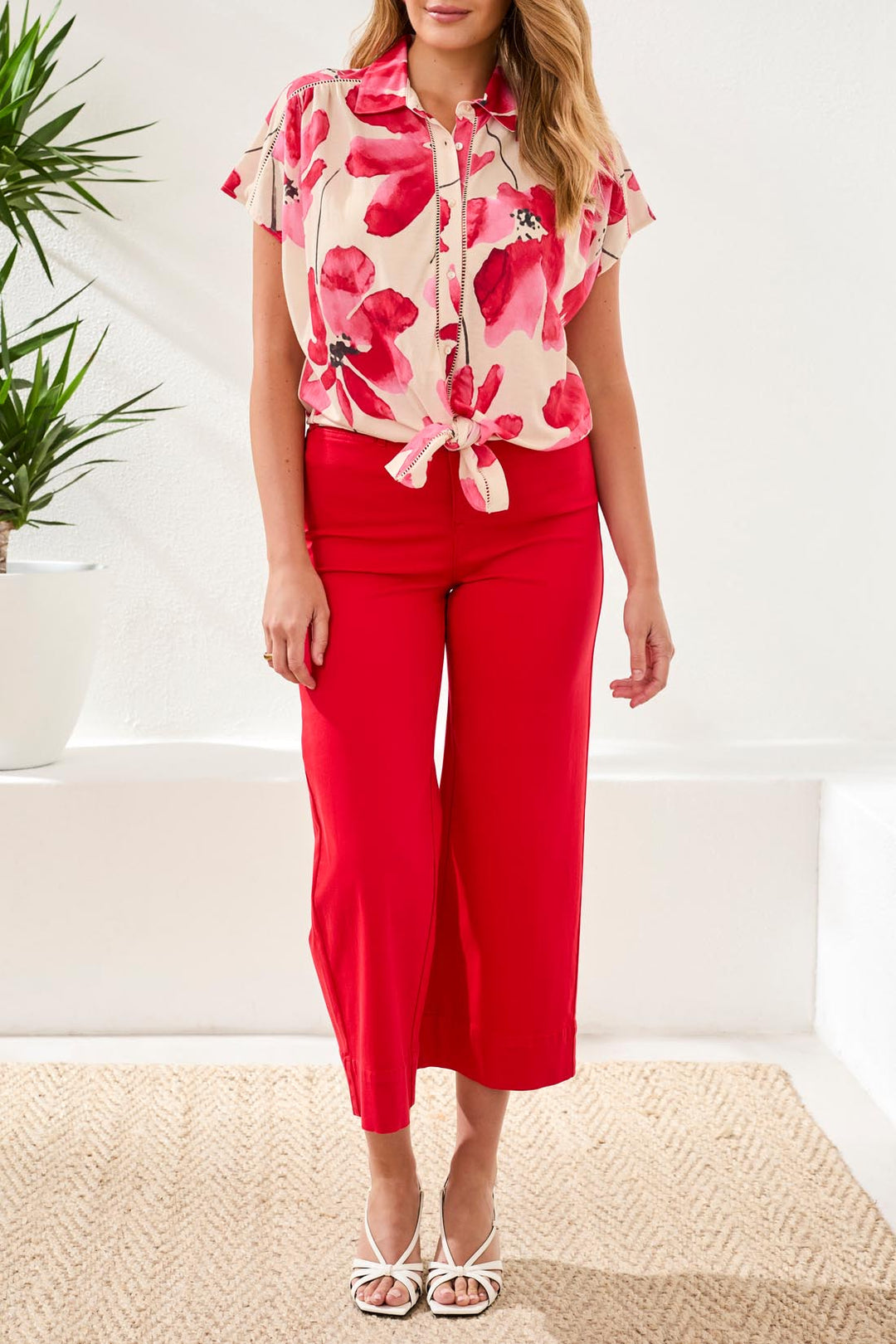 Tribal 2084O-8134 Sangria Red Flower Print Tie Front Blouse