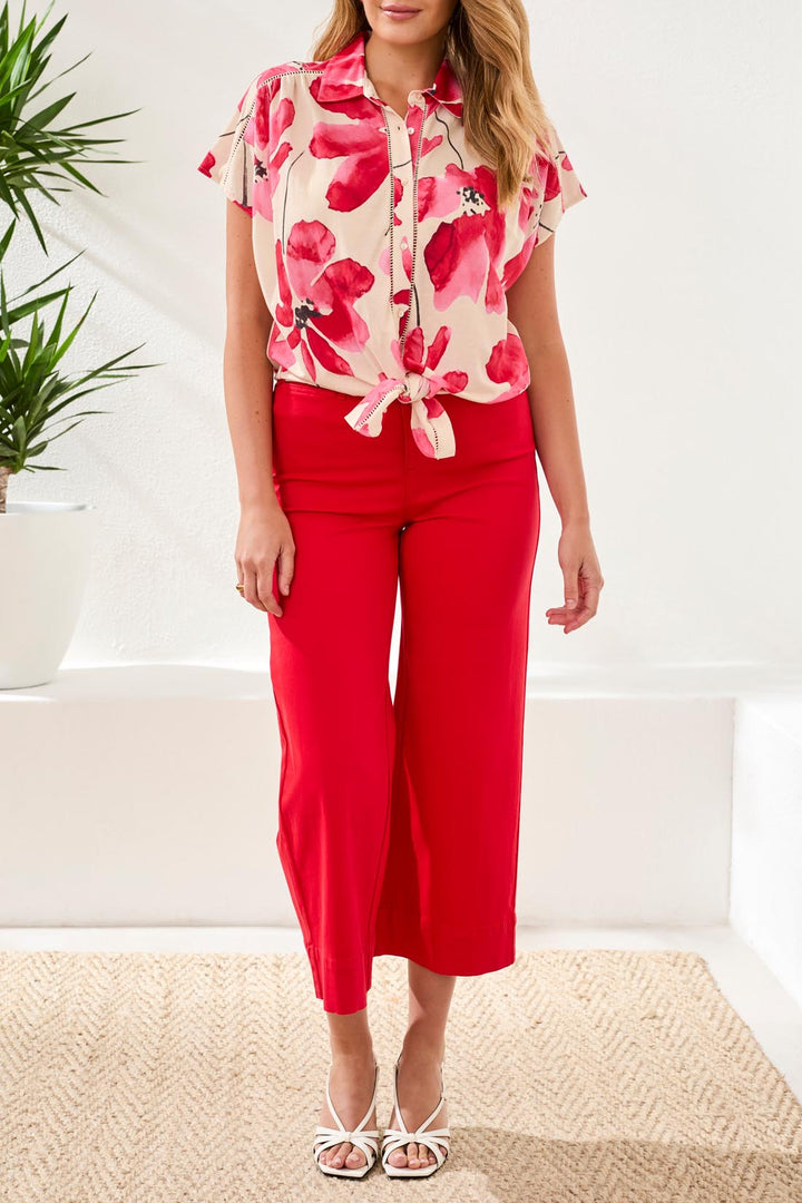 Tribal 2084O-8134 Sangria Red Flower Print Tie Front Blouse