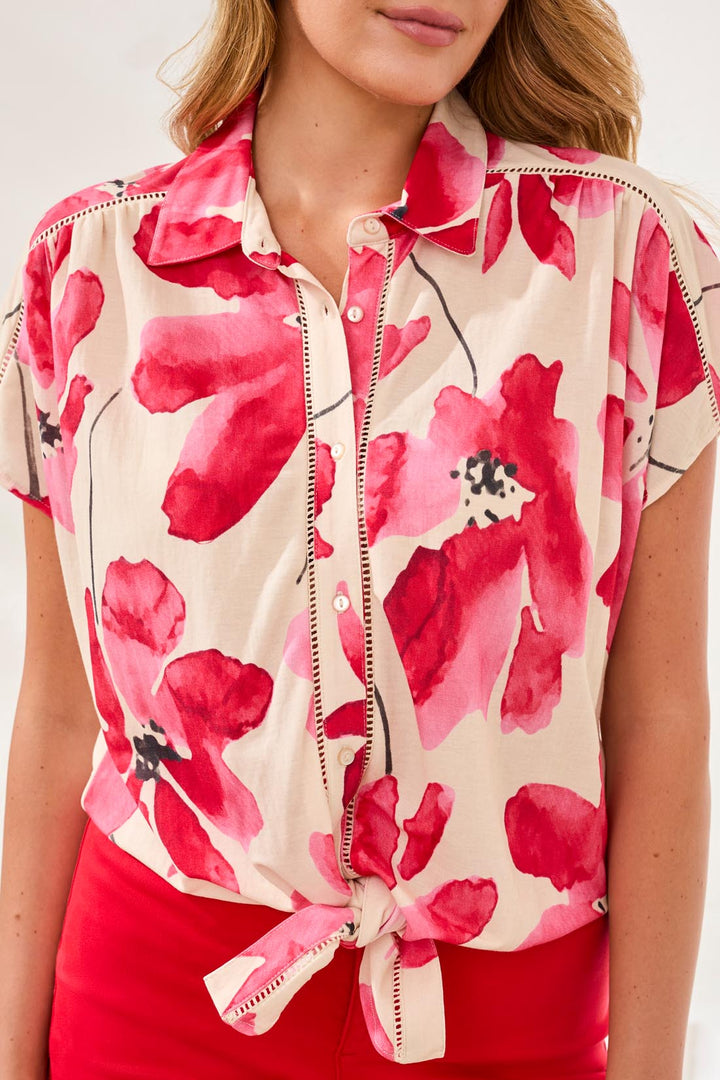 Tribal 2084O-8134 Sangria Red Flower Print Tie Front Blouse
