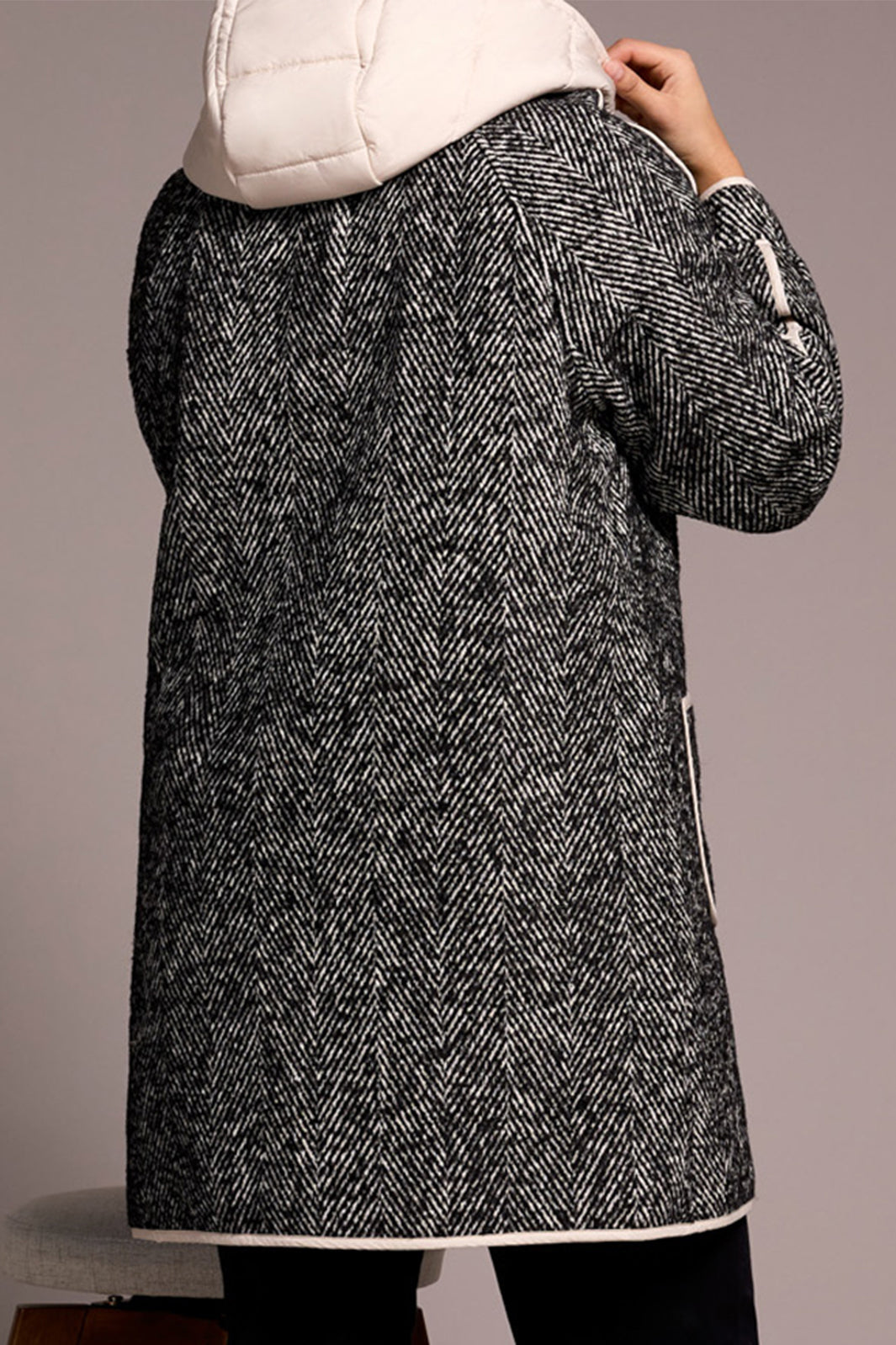 Tribal 2331O Charcoal Cream Herringbone Coat With Hood 8325