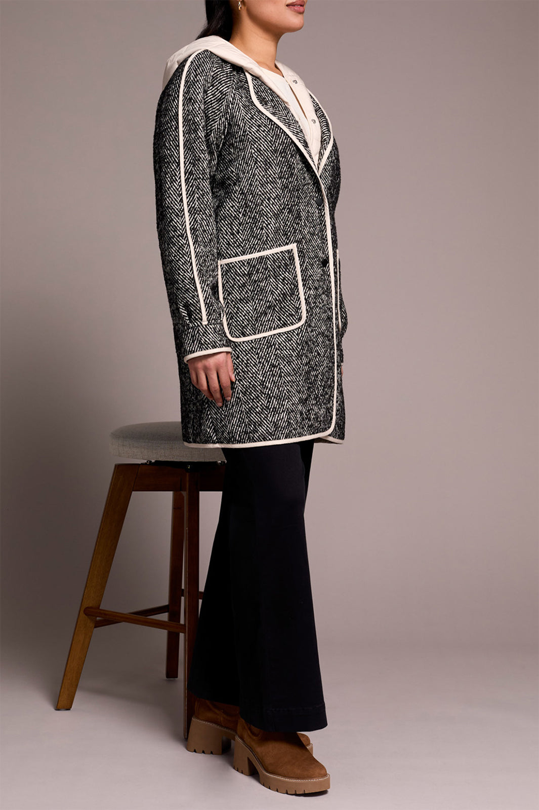 Tribal 2331O Charcoal Cream Herringbone Coat With Hood 8325