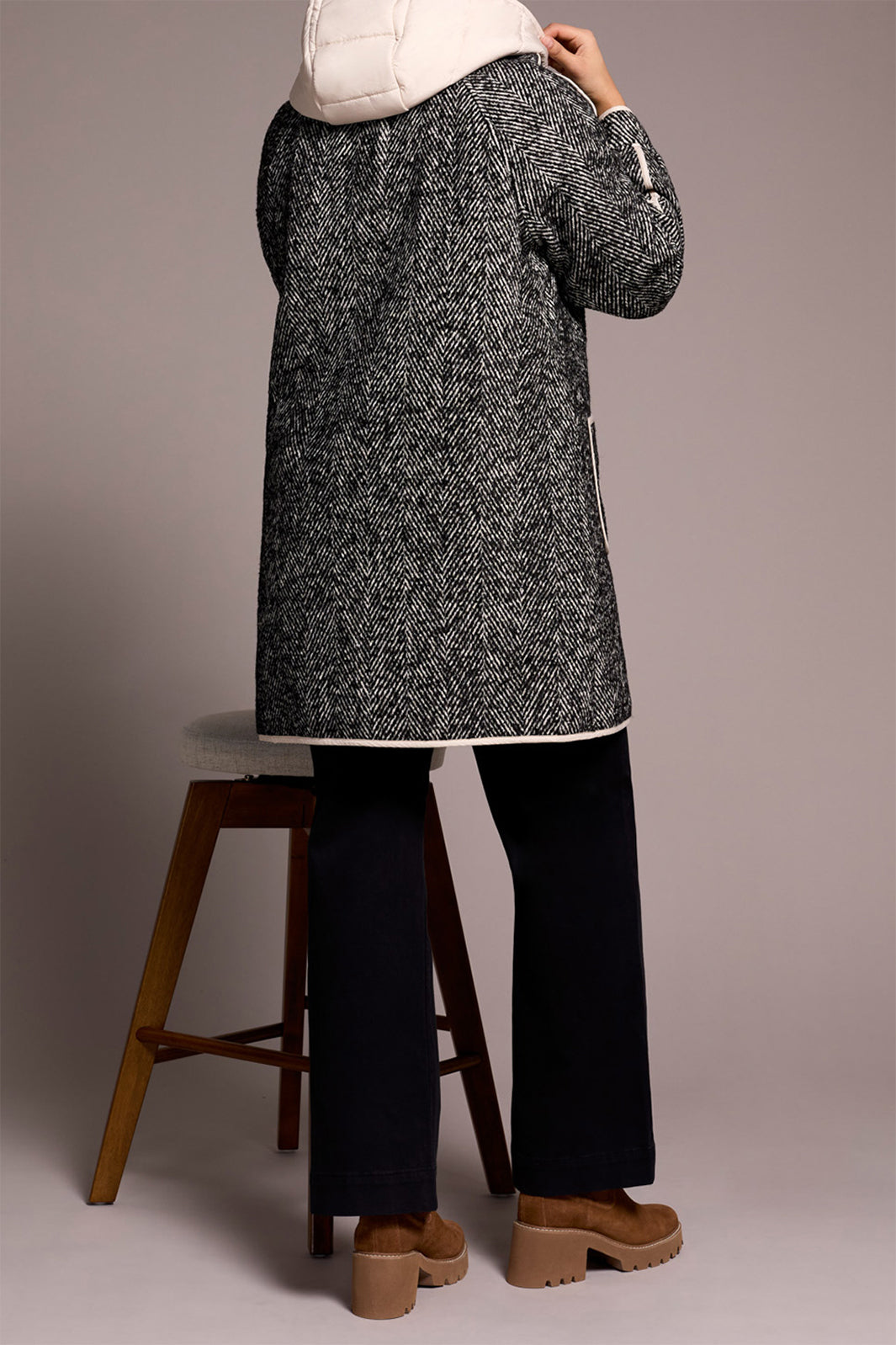 Tribal 2331O Charcoal Cream Herringbone Coat With Hood 8325