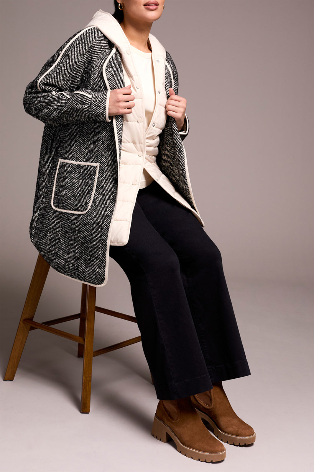 Tribal 2331O Charcoal Cream Herringbone Coat With Hood 8325