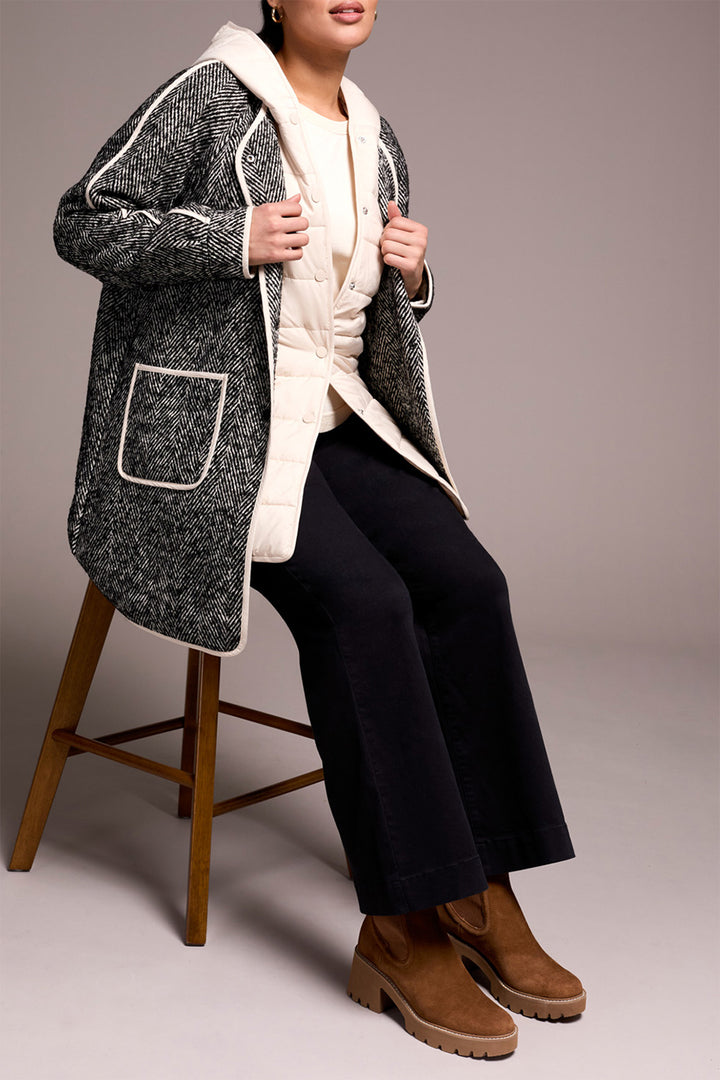 Tribal 2331O Charcoal Cream Herringbone Coat With Hood 8325