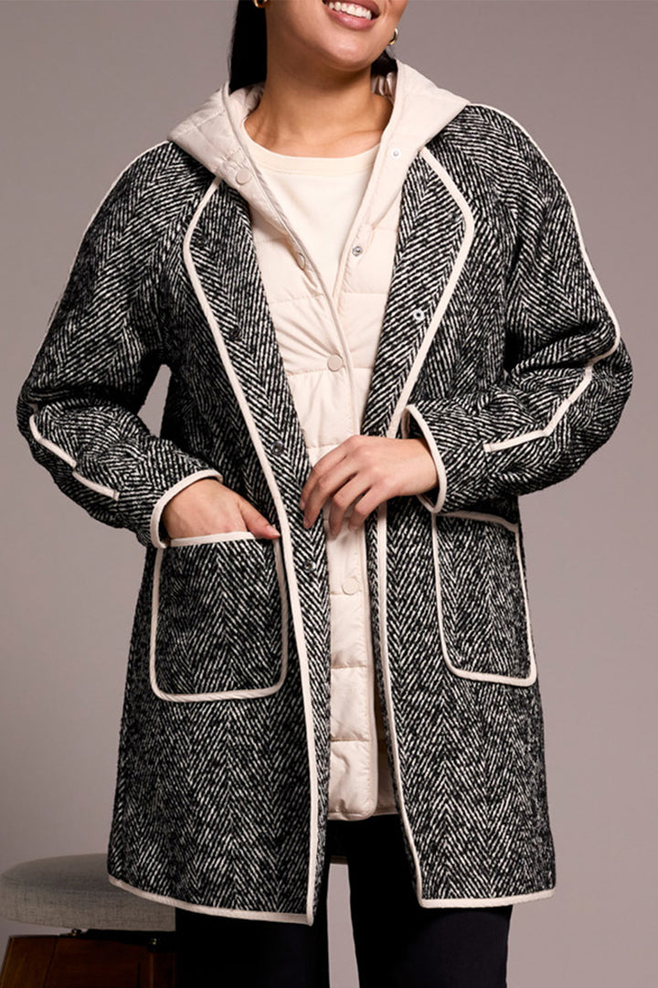 Tribal 2331O Charcoal Cream Herringbone Coat With Hood 8325