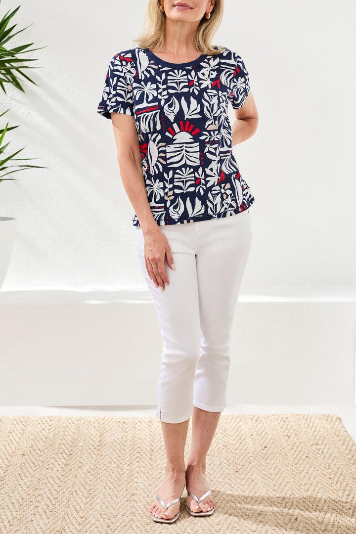 Tribal 2431O-8419 Jet Navy Blue Leaf Print T-Shirt Top