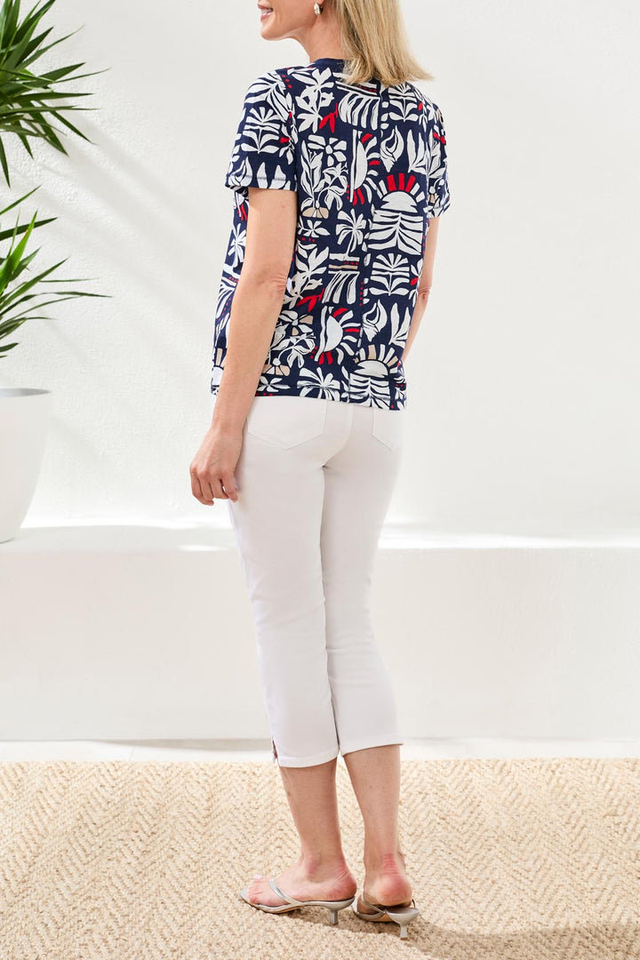 Tribal 2431O-8419 Jet Navy Blue Leaf Print T-Shirt Top