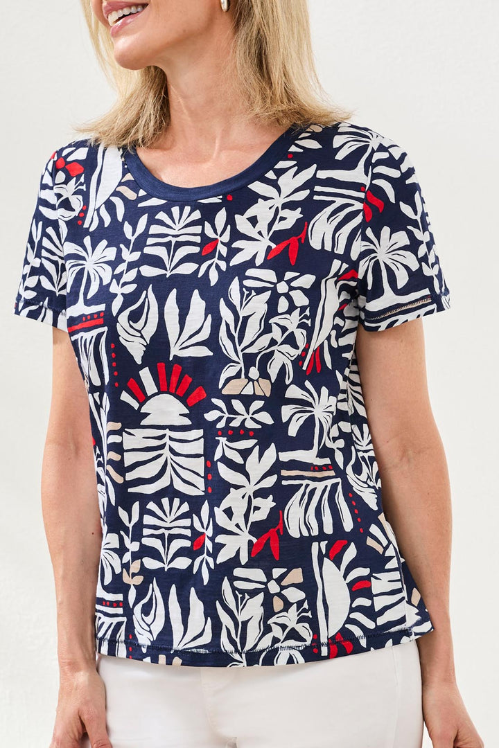 Tribal 2431O-8419 Jet Navy Blue Leaf Print T-Shirt Top
