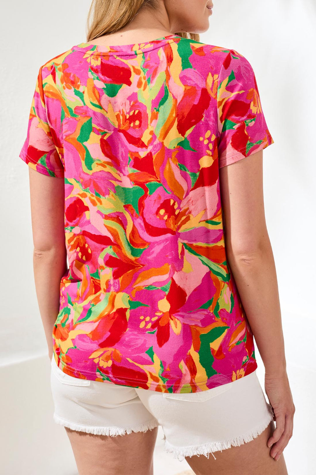 Tribal 2498O-3457 Pink Glow Floral Print T-Shirt