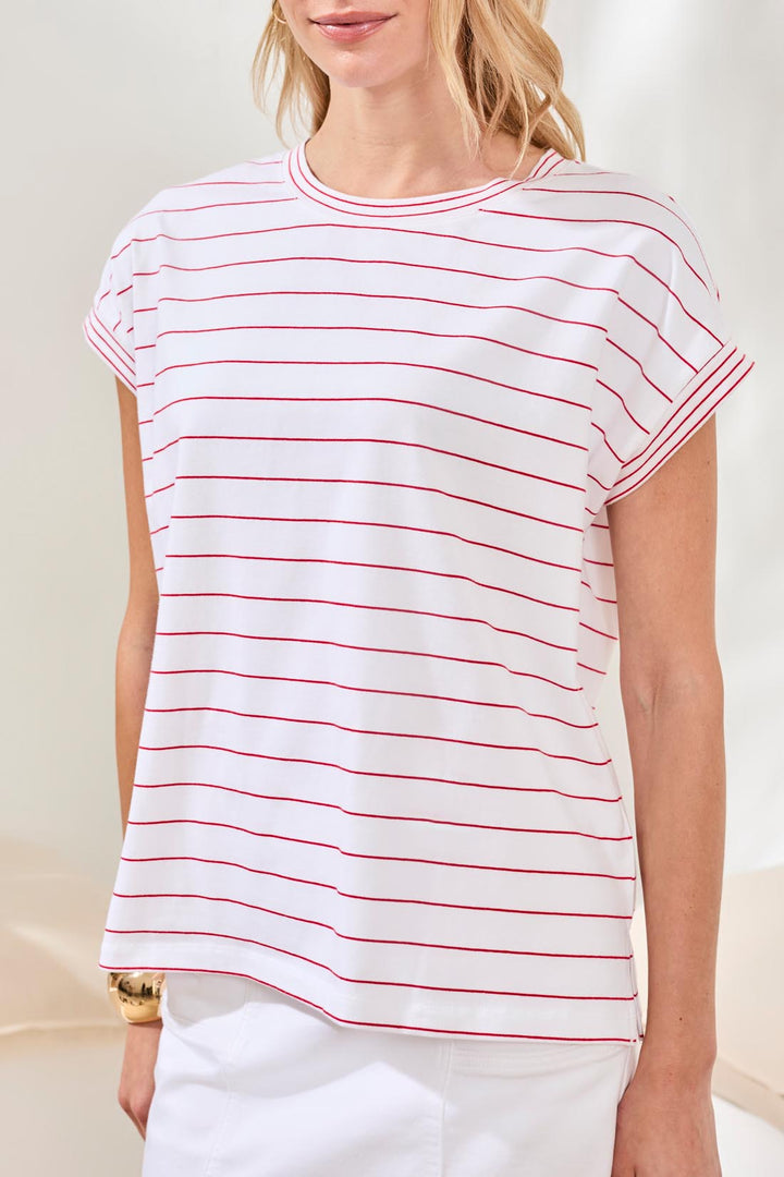 Tribal 2499O-3547 Sangria Red Stripe Short Sleeve Top